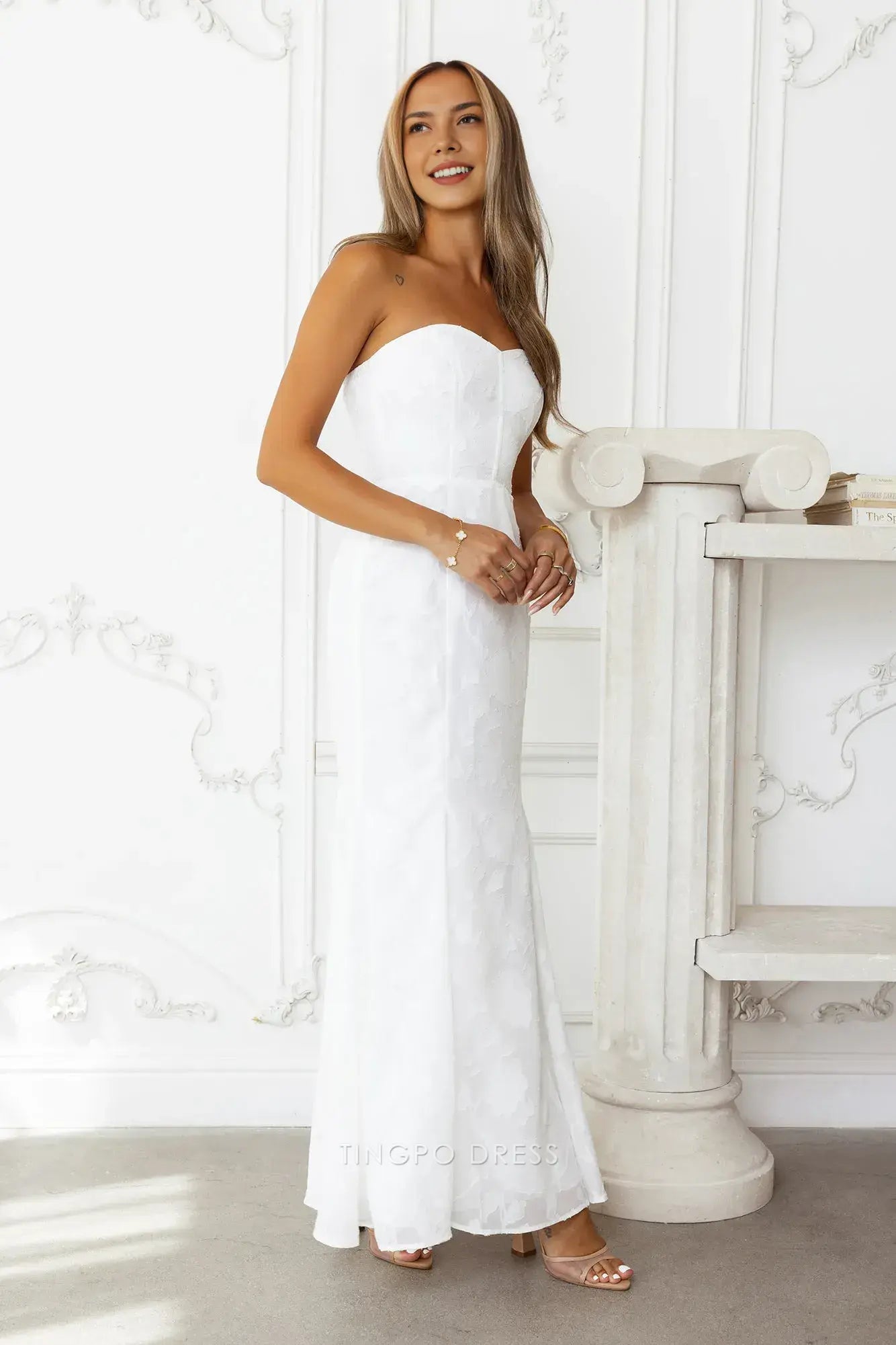 Elegant Strapless Floral Textured Maxi Dress Prom Dress